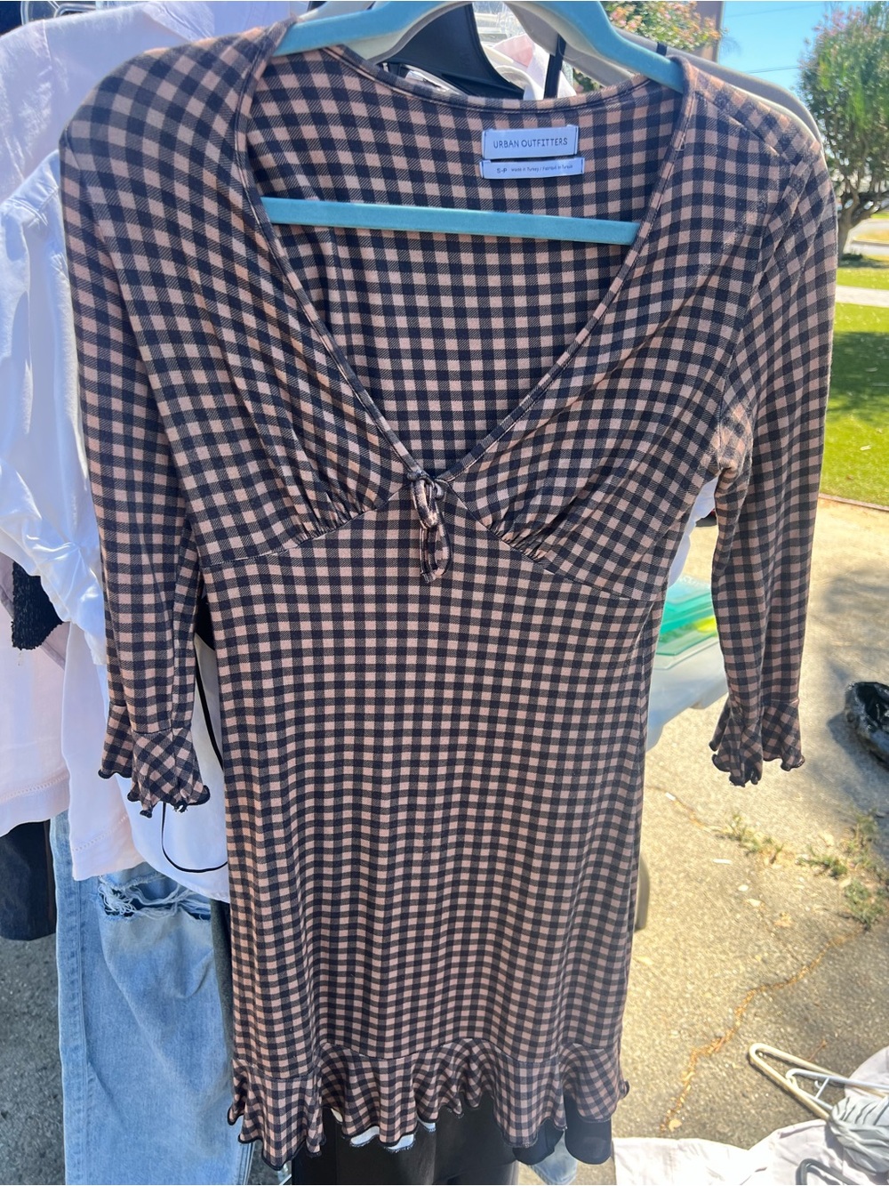 Urban Outfitters Brown & Black Gingham V-Neck Midi Dress